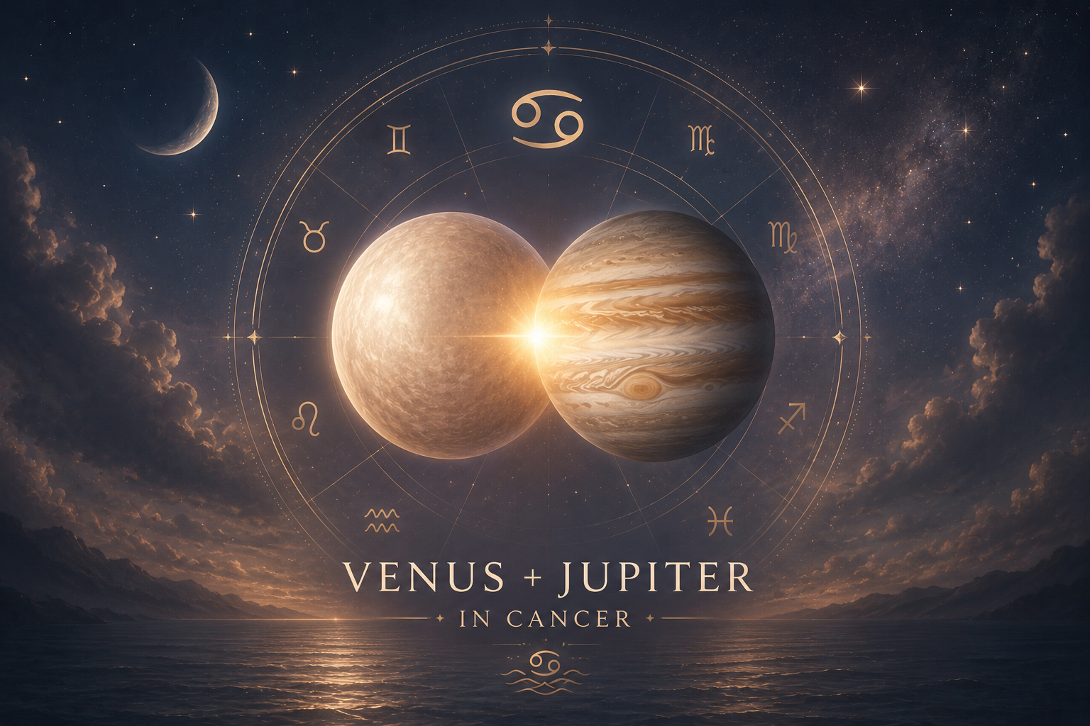 Mystical astrology-themed illustration of the Venus–Jupiter conjunction in Cancer, featuring glowing celestial planets aligned within a zodiac wheel over a calm cosmic ocean under a starry night sky in soft pastel tones.